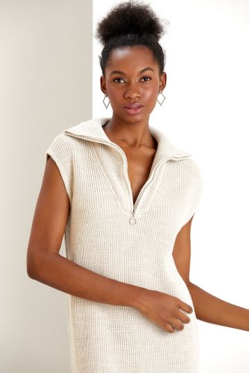 Women’s zip wide collar knitted maxi dress in beige