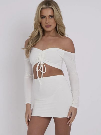 Women’s Off Shoulder ruched top with matching slinky mini skirt coordinate