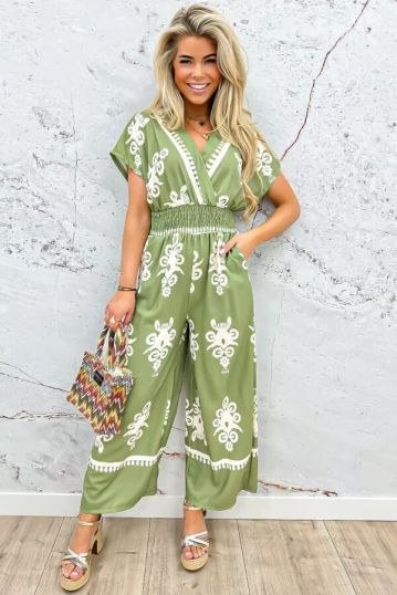 Women’s V neck printed wide leg Jumpsuit 