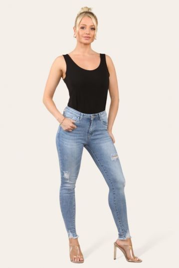 WOMEN’S MID BLUE  DISTRESSED STRETCHY  SKINNY JEANS