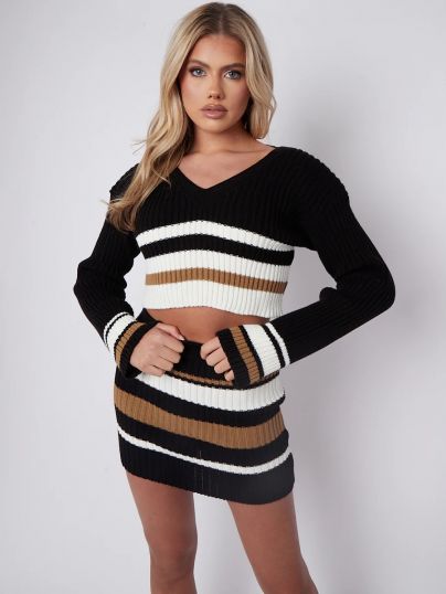 Women’s knitted striped crop top and mini skirt matching set