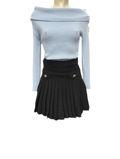 Knit Pleated High-Waist Stretchy Skirt with Decorative Button Flap Pocket