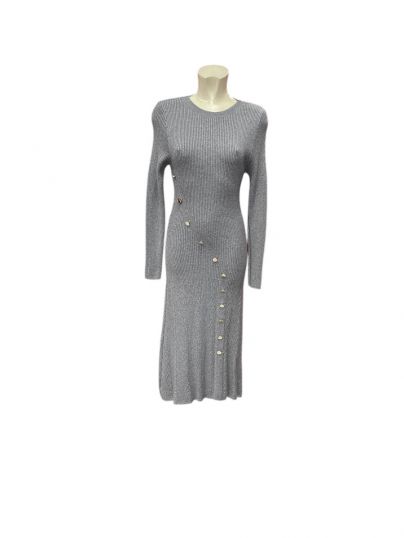 Long Sleeve Stretchy Knit Maxi Bodycon Dress with round neck and faux buttons