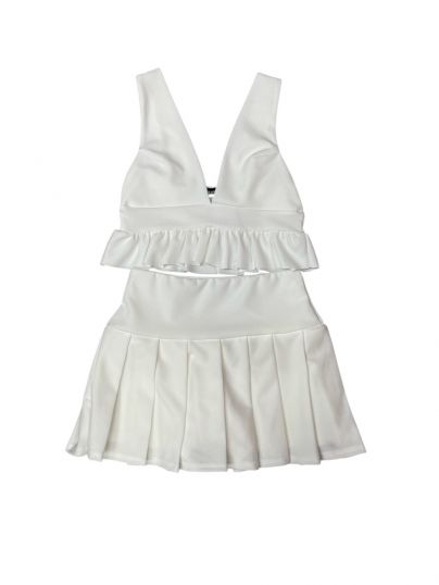 Sleeveless plunge neck ruffle crop top.